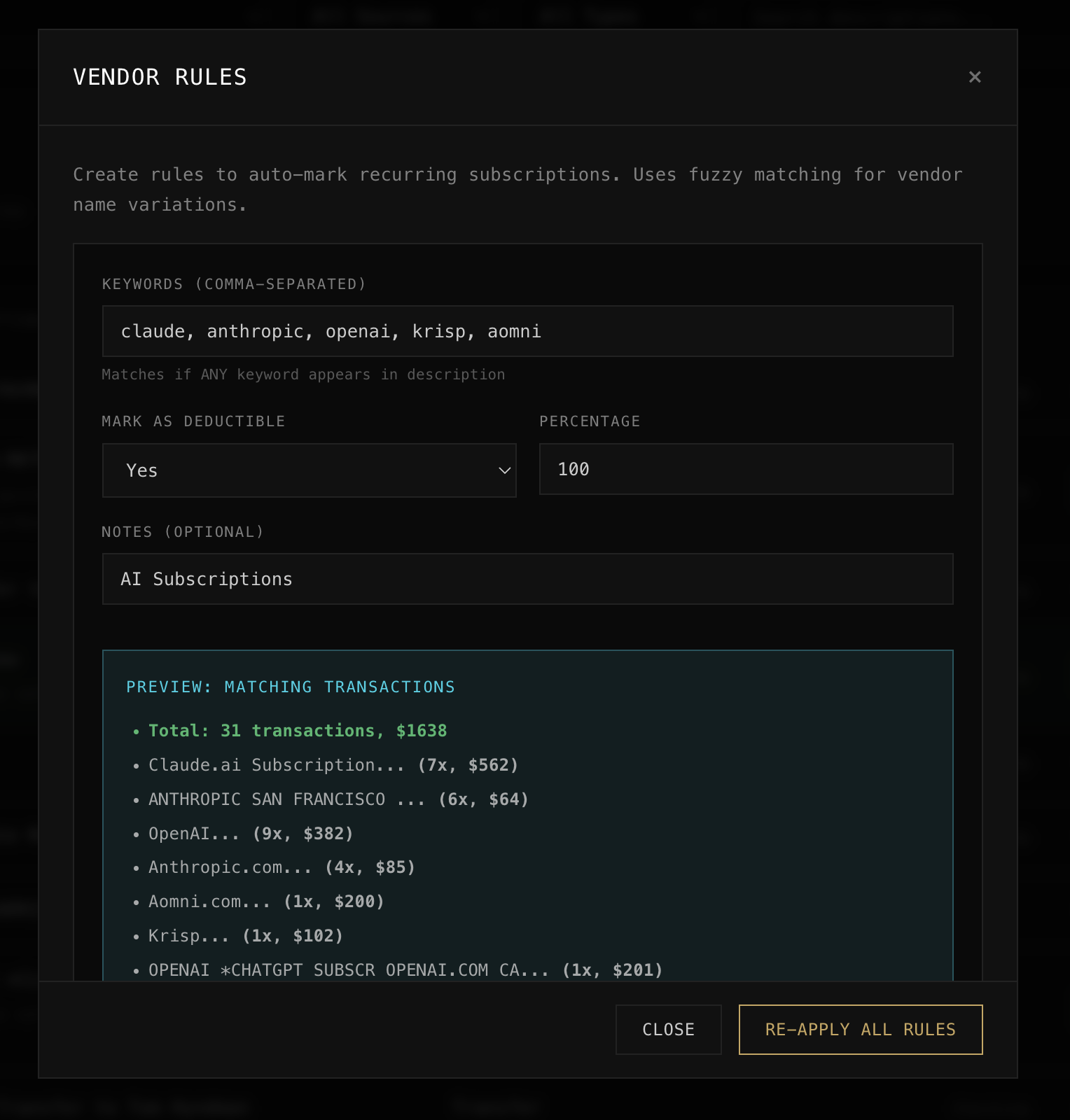 Vendor rules for auto-matching